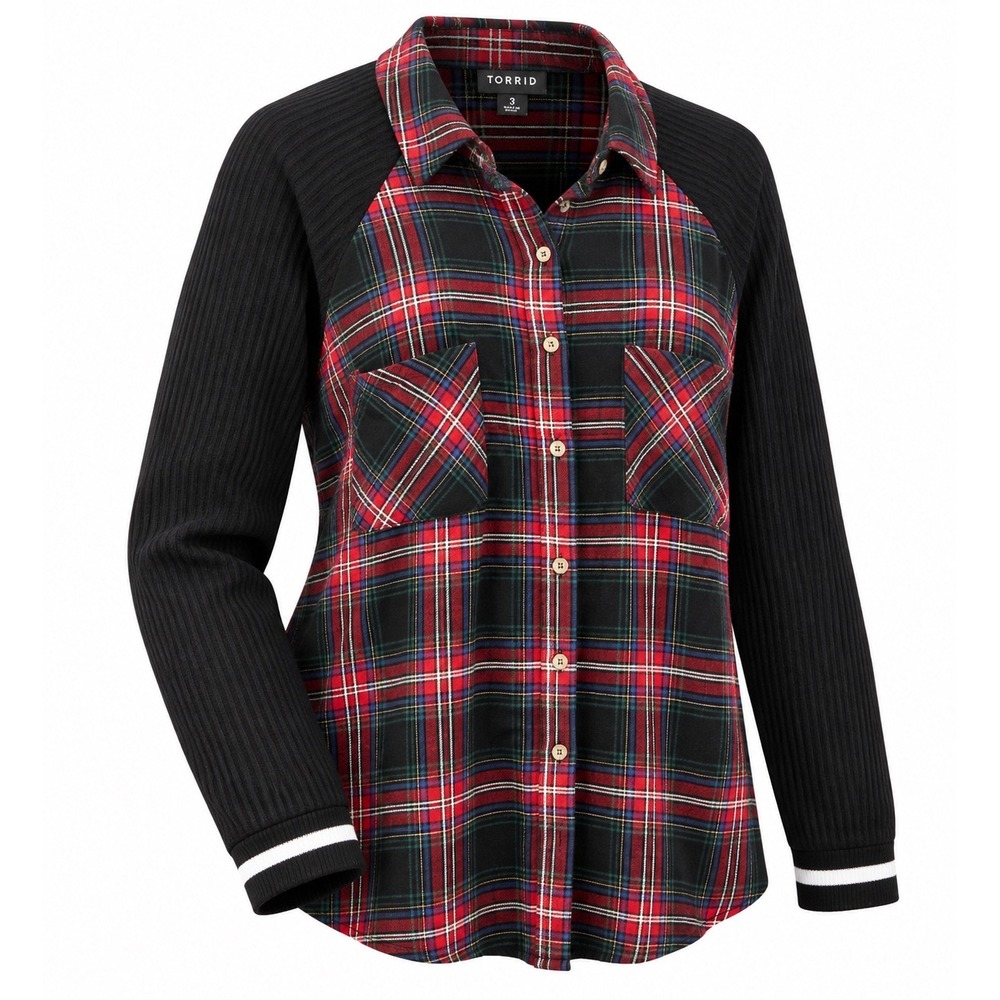 Torrid Women 3X Red Black Plaid Button Down Waffle Knit Sleeve Grunge